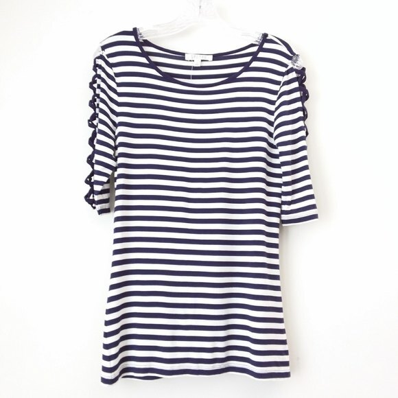 New Spense Tee Navy White Stripe Cold Shoulder Top - Picture 9 of 9